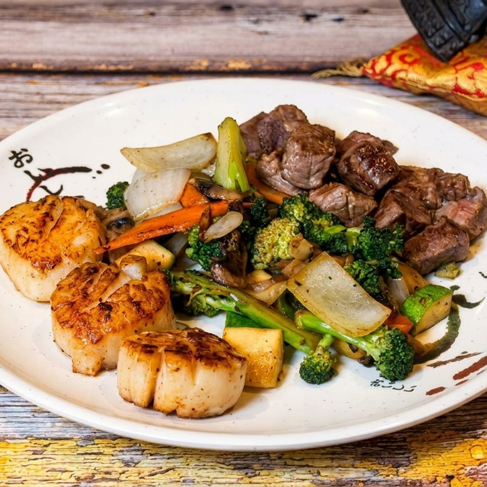 Grilled scallops and sliced steak with broccoli and mixed vegetables on a decorative plate atop a rustic wooden table.