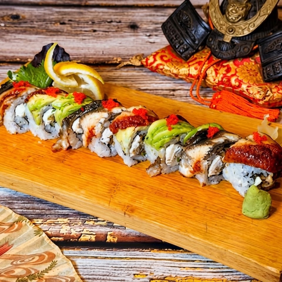 Dragon roll sushi with avocado, eel, and roe, served on a wooden board with wasabi and ginger.