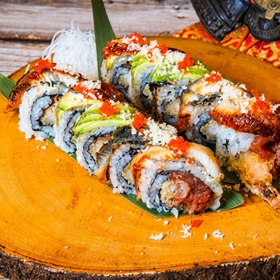 Two rows of sushi rolls with avocado, eel, and roe, served on a wooden platter.