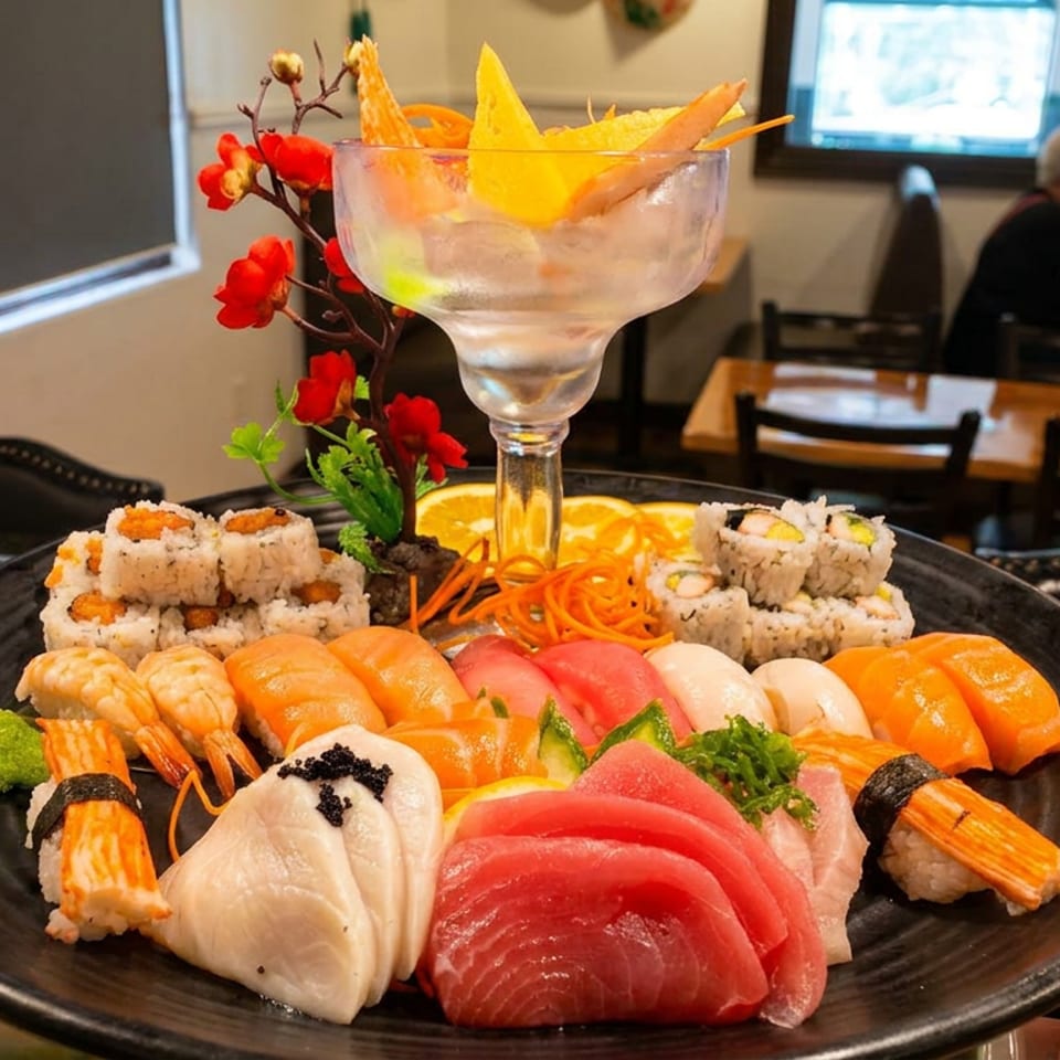 Large sushi and sashimi platter with rolls, nigiri, and a cocktail in a restaurant setting.