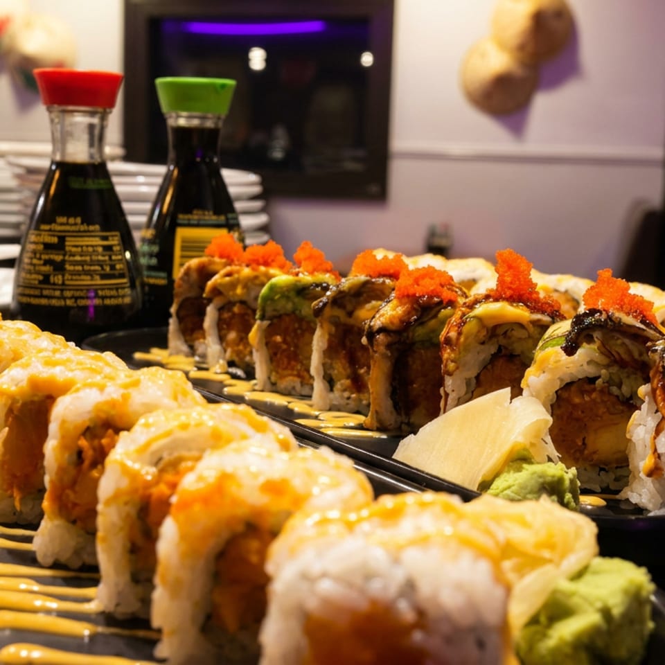 Two platters of sushi rolls, one with orange sauce, the other with eel sauce and roe.