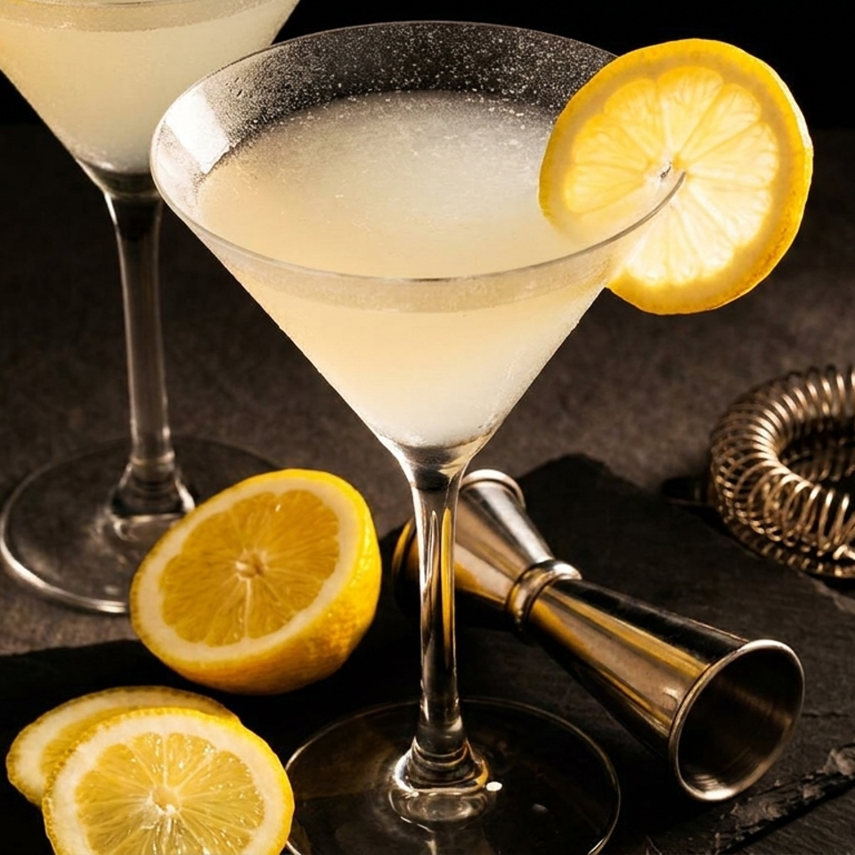 Two lemon drop martinis with lemon slices, a jigger, and a cocktail strainer on a dark surface.