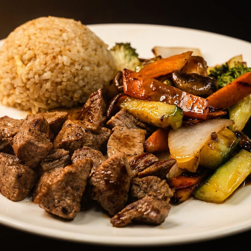 A plate of steak hibachi with fried rice and mixed vegetables, including zucchini, carrots, and onions.