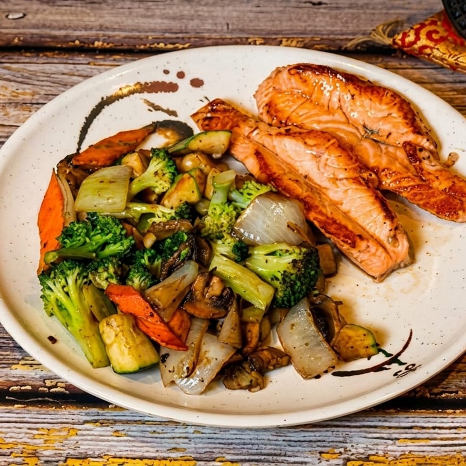 Grilled salmon fillets and stir-fried vegetables on a white plate, with a decorative fan and tassel.
